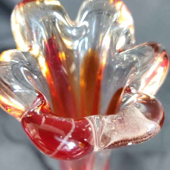 Vintage Amberina Red Orange Art Glass Bud Vase | Mid Century Hand Blown Ruffled - Picture 9 of 13